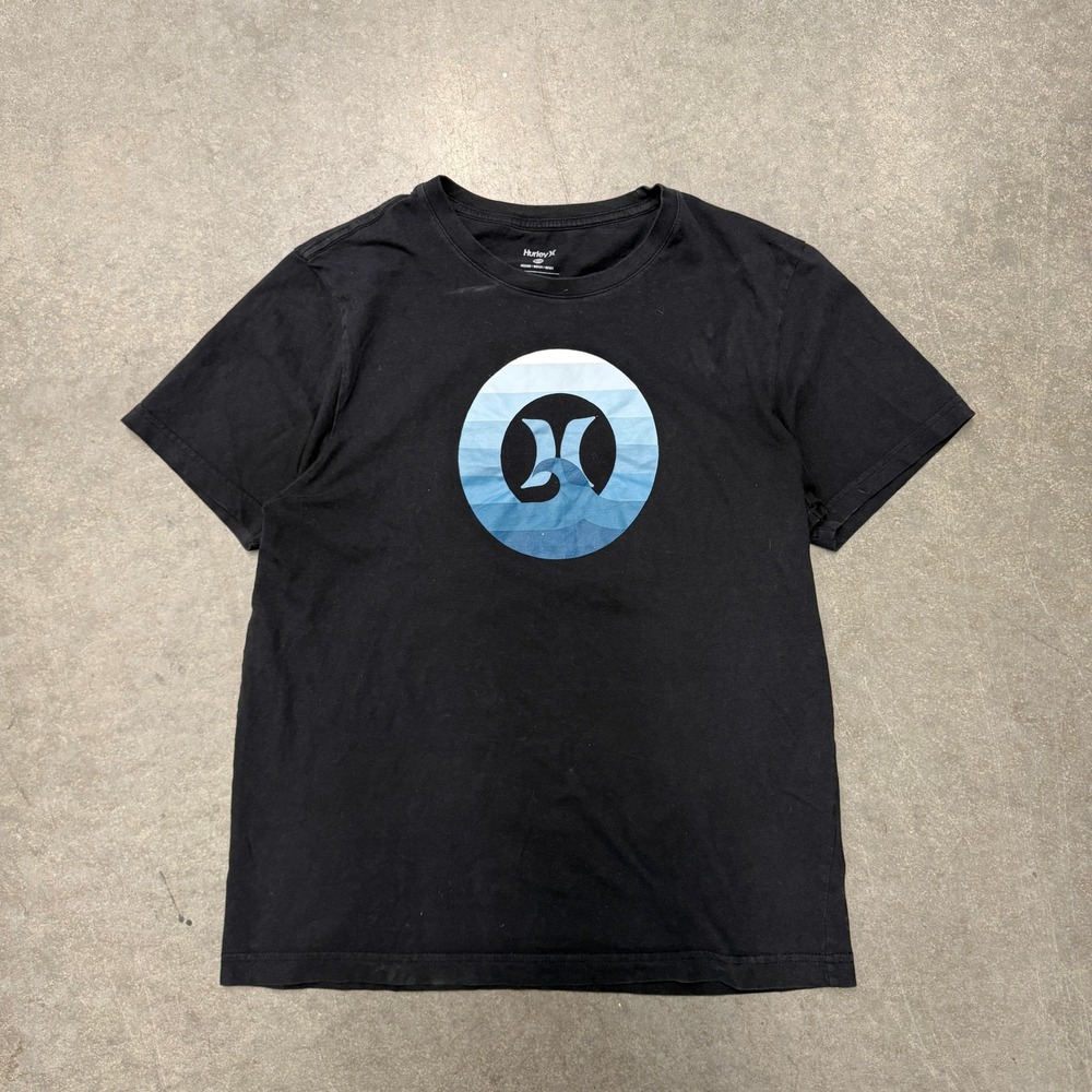 Hurley Mens Graphic T-Shirt Black Blue Wave Circle Logo Medium Short Sleeve Tee